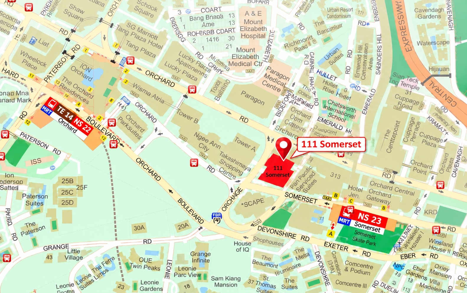 Supplied location map highlighting 111 Somerset and Somerset MRT