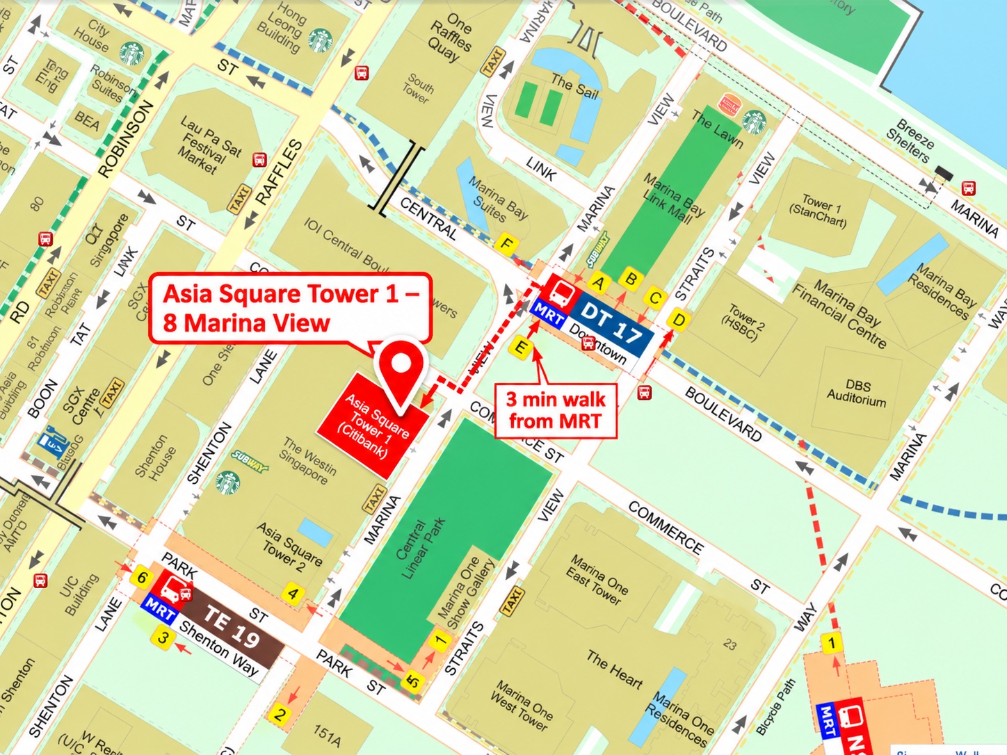 Supplied location map highlighting Asia Square Tower 1 at 8 Marina View, near Downtown and Shenton Way MRT