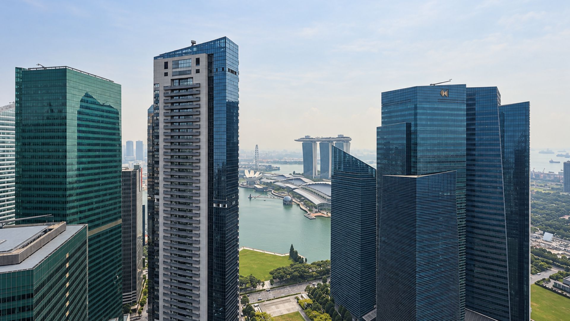 View of Marina Bay Sands and Marina Bay between neighbouring towers
