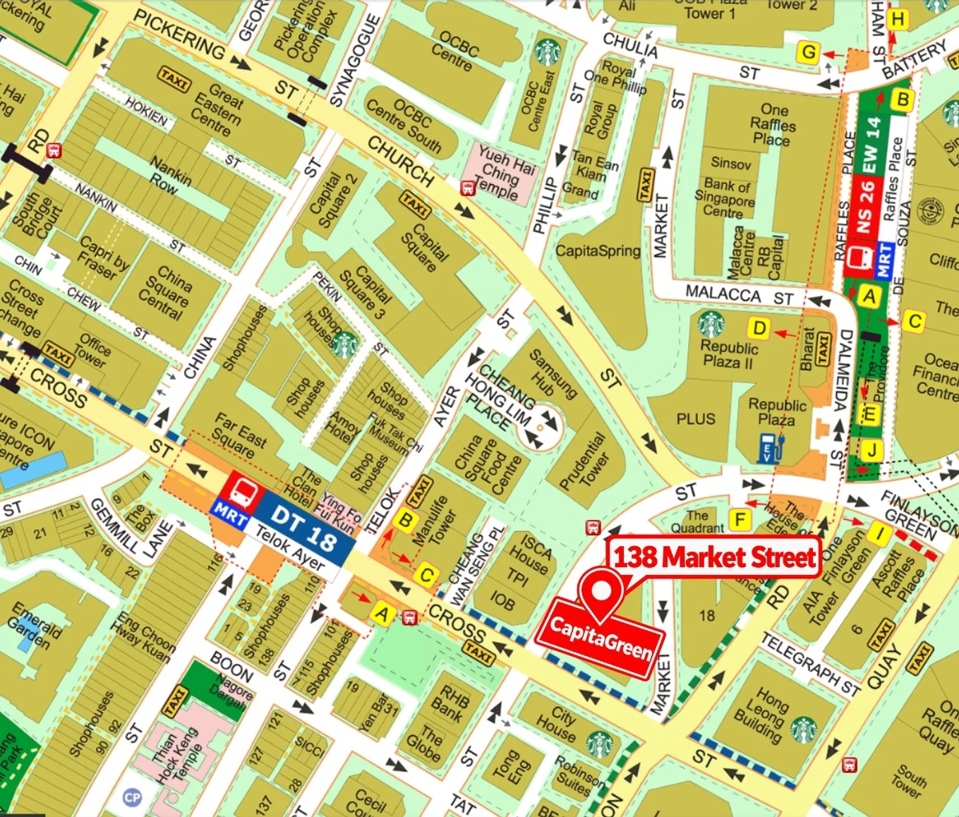 Supplied map marking CapitaGreen at 138 Market Street, near Raffles Place and Telok Ayer MRT