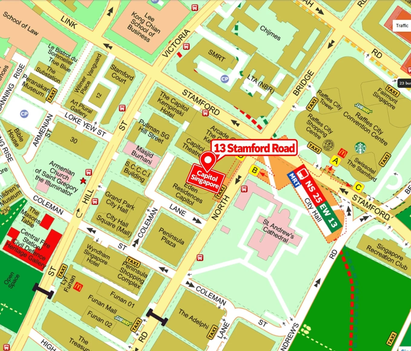 Supplied map marking Capitol Singapore at 13 Stamford Road, near City Hall MRT