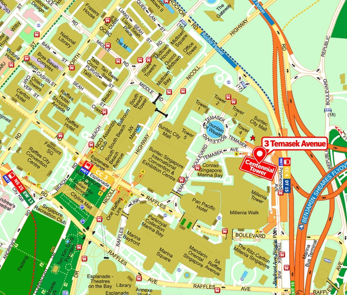 Supplied map marking Centennial Tower at 3 Temasek Avenue, near Promenade MRT