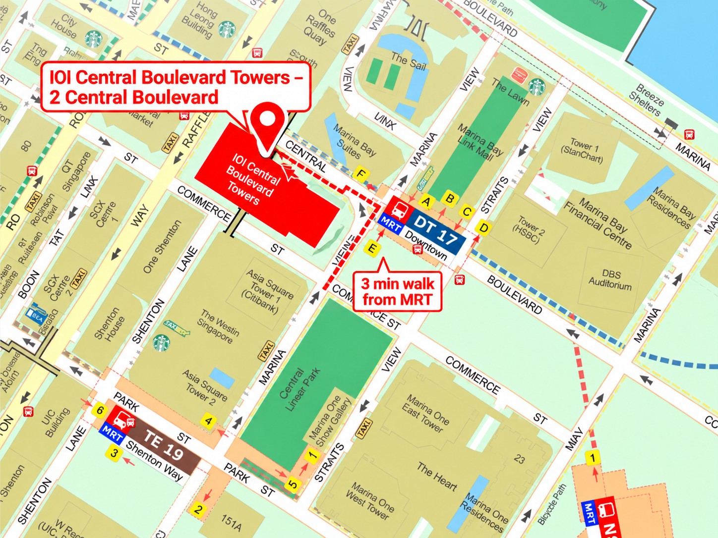 Supplied location map highlighting IOI Central Boulevard Towers at 2 Central Boulevard, near Downtown MRT