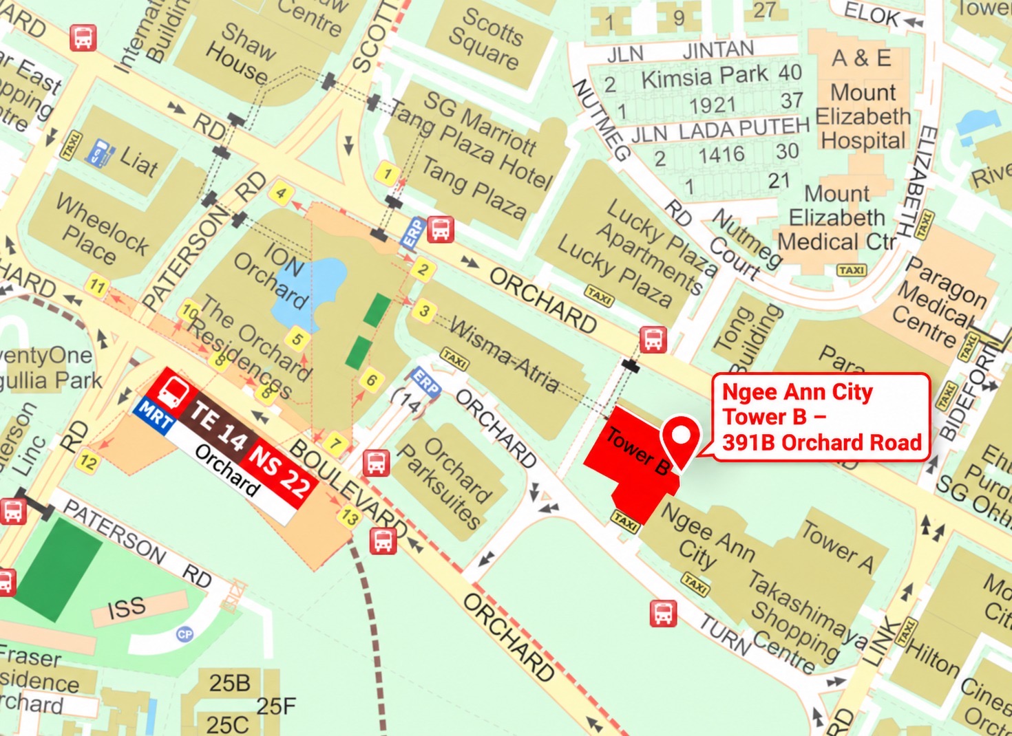 Map highlighting Ngee Ann City Tower B at 391B Orchard Road and Orchard MRT