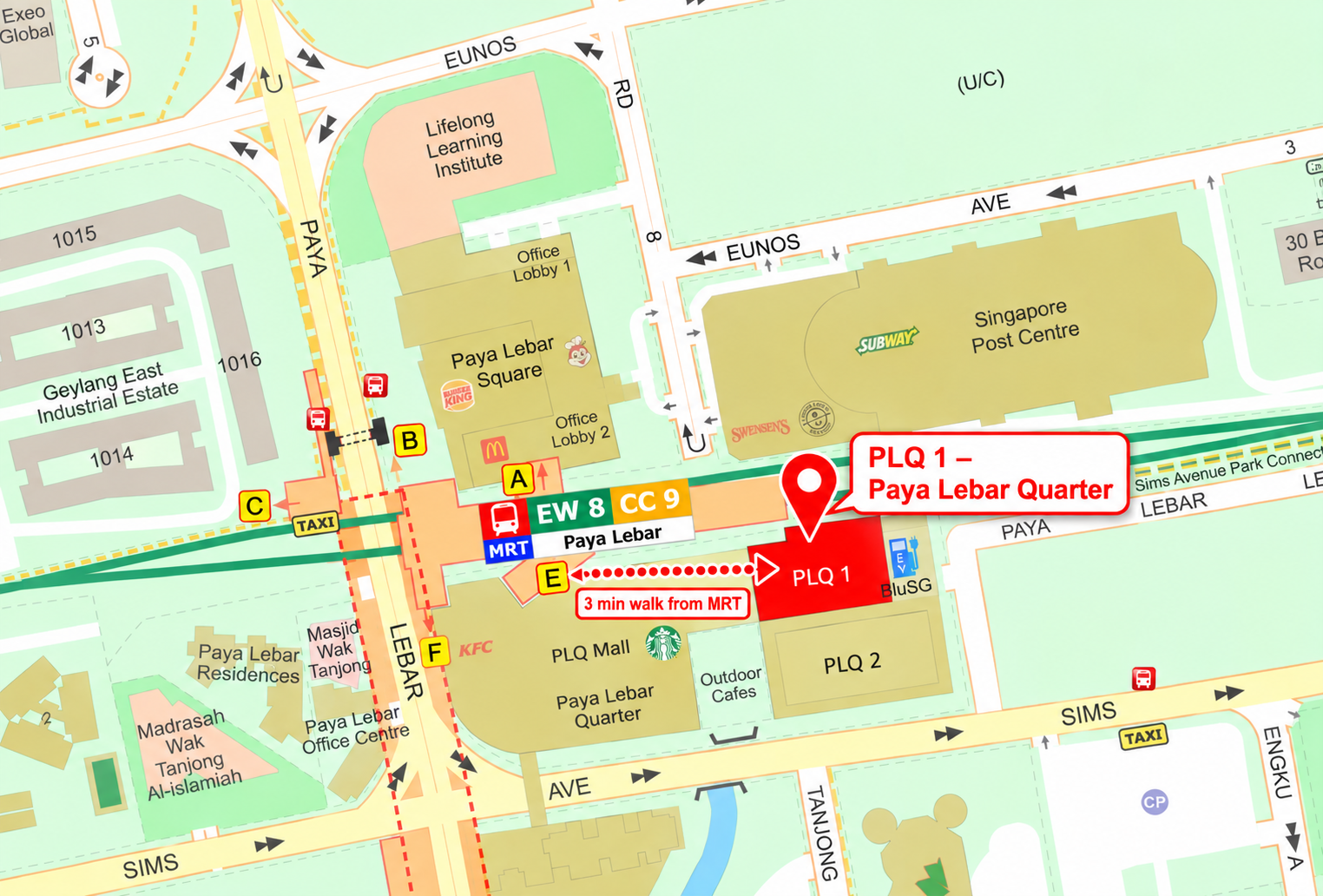 Map highlighting PLQ 1 and the walking route from Paya Lebar MRT Exit E