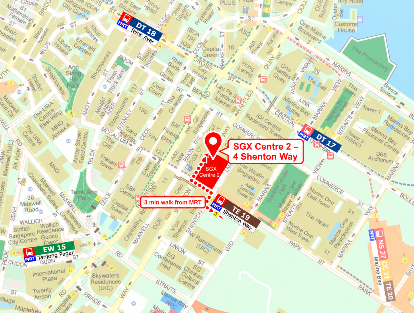 Supplied location map highlighting SGX Centre 2 at 4 Shenton Way and nearby MRT stations