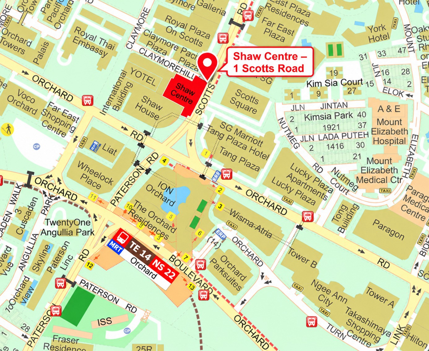 Supplied map highlighting Shaw Centre at 1 Scotts Road and Orchard MRT