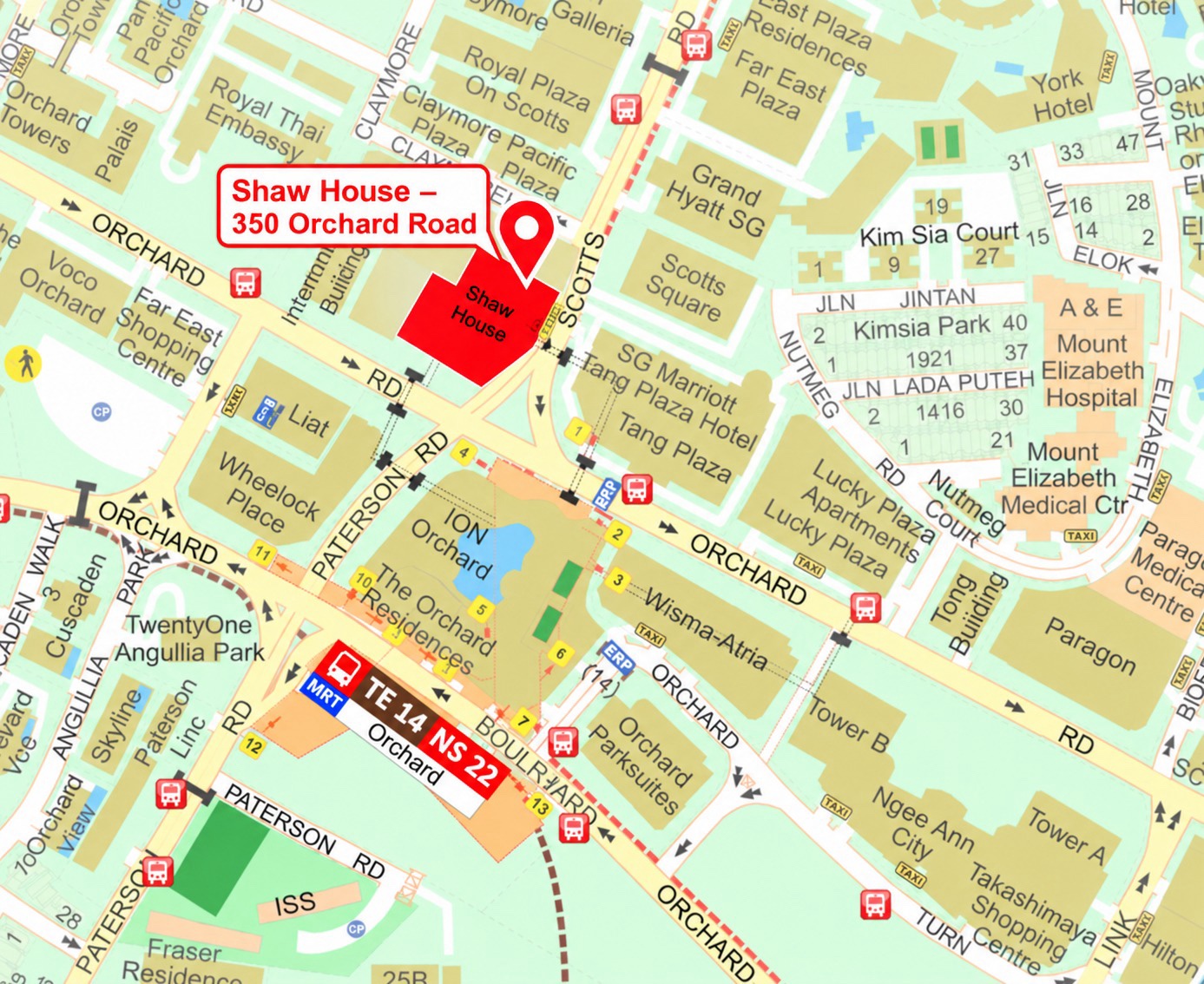 Supplied map highlighting Shaw House at 350 Orchard Road and Orchard MRT