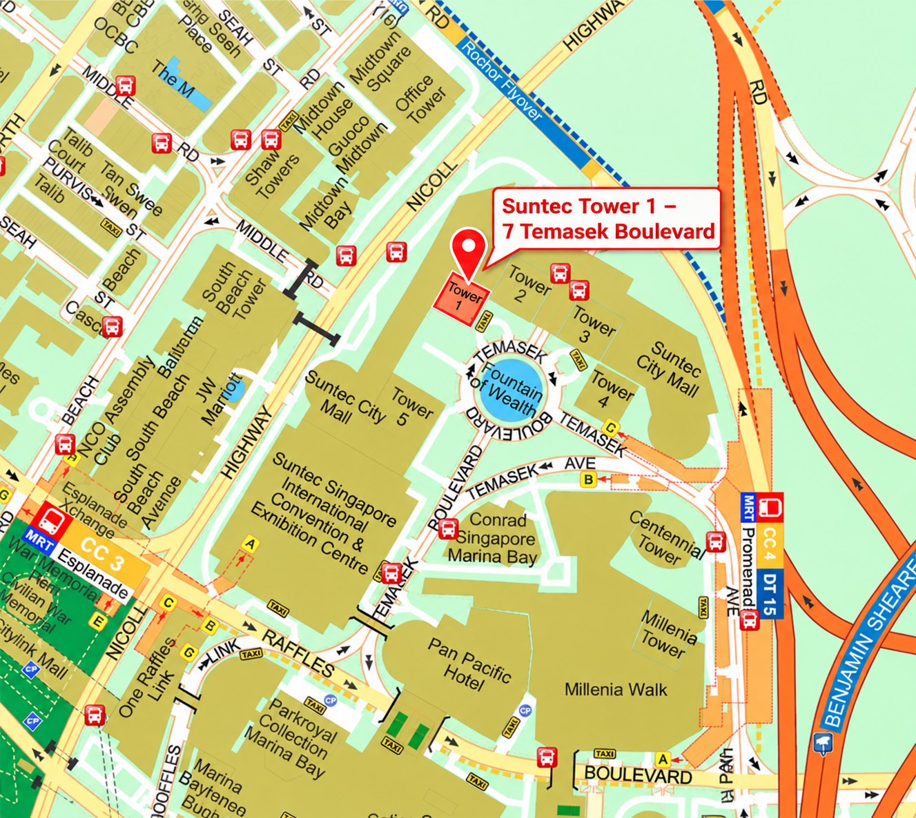 Supplied location map marking Suntec Tower 1 at 7 Temasek Boulevard, Esplanade and Promenade MRT