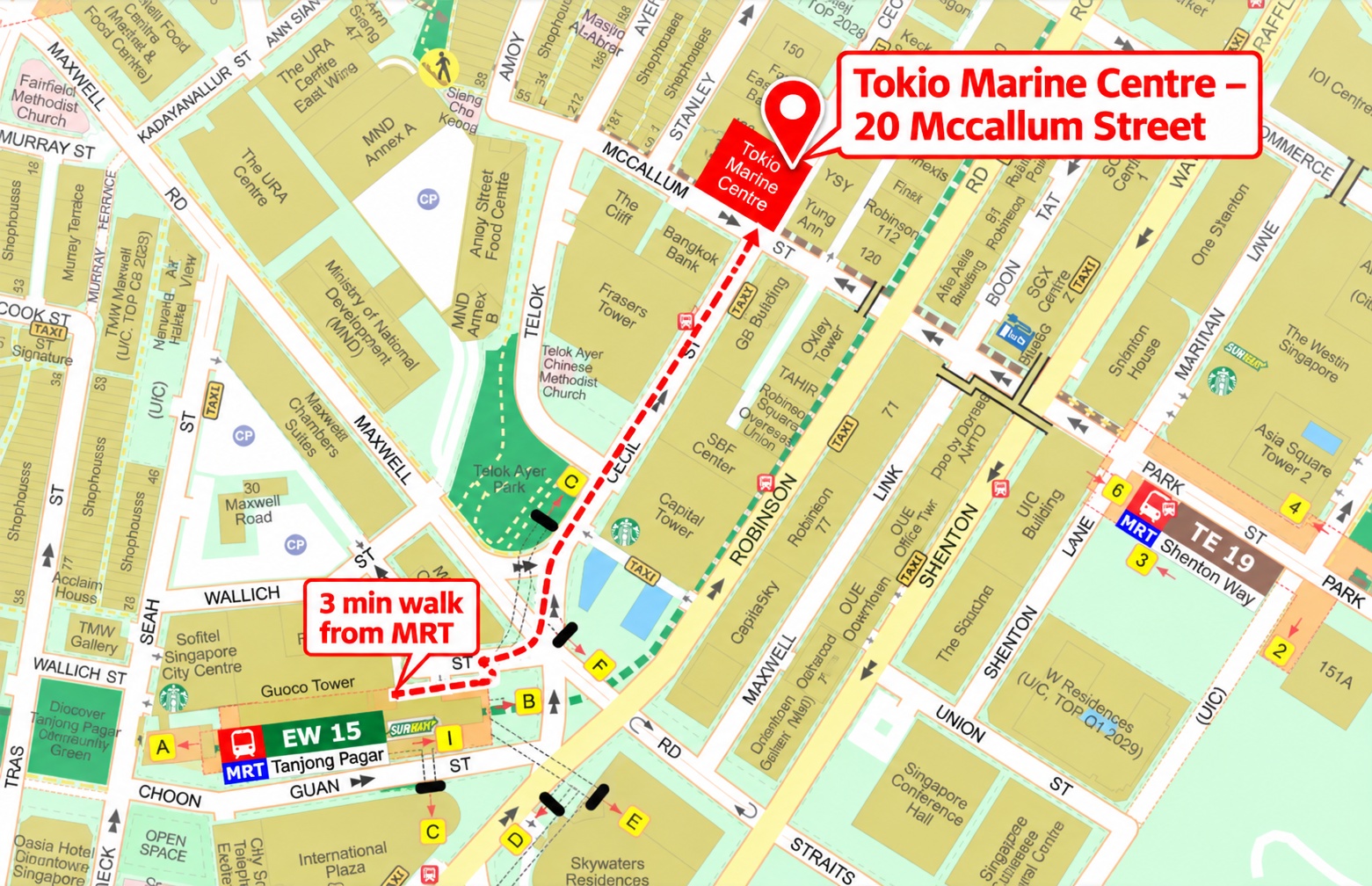 Supplied location map highlighting Tokio Marine Centre at 20 McCallum Street and the walking route from Tanjong Pagar MRT